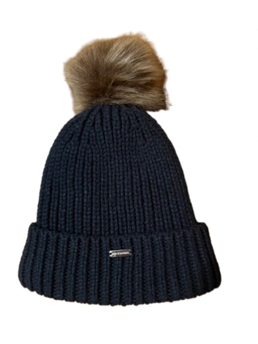 Steve Madden Blue Knit Pom Beanie Hat with Brown Faux Fur Pom OS